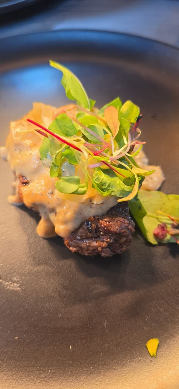 Seared beef medallion with creamy sauce and microgreens
